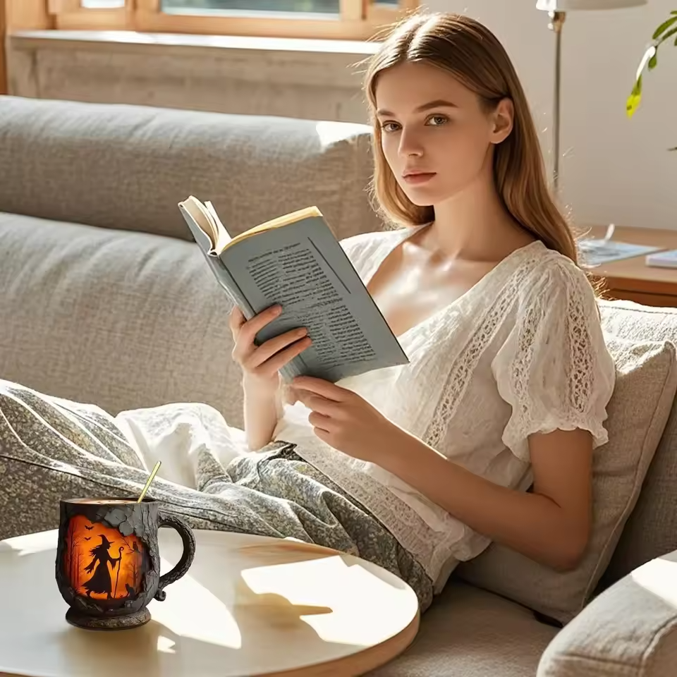 Kubek 3D na Halloween od rzemieślnika – z motywem czarownicy i kota