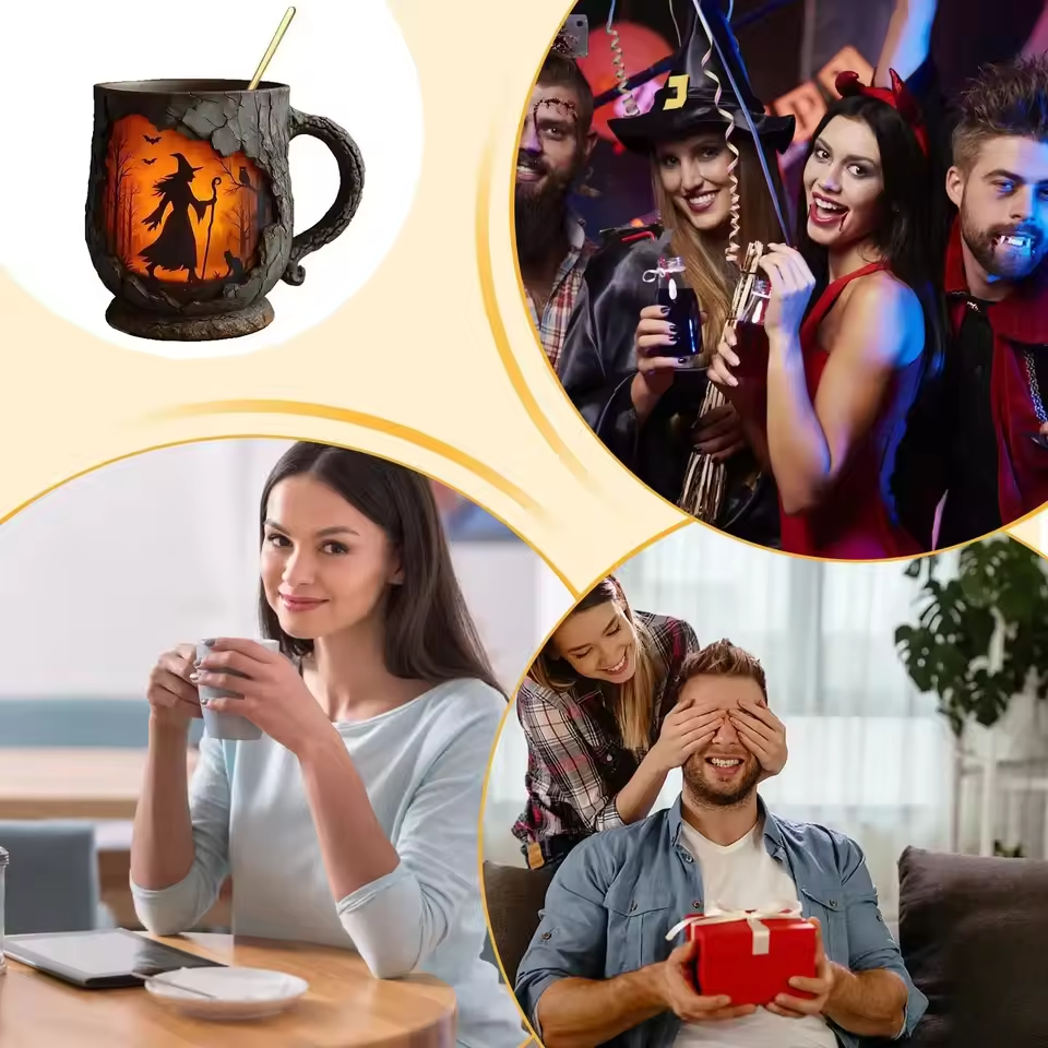 Kubek 3D na Halloween od rzemieślnika – z motywem czarownicy i kota